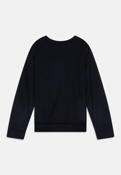 Μαύρη μακρυμάνικη φούτερ με στρογγυλή λαιμόκοψη και ribbed μανσέτες. Λείος υφασμάτινος χαρακτήρας, χωρίς ορατά σχέδια ή λεπτομέρειες. Κανονική εφαρμογή.