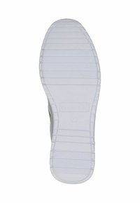 Suola di scarpa in gomma bianca con scanalature e rilievi testurizzati. Presenta un logo e un'impronta della taglia. Il design è piatto con una punta arrotondata.