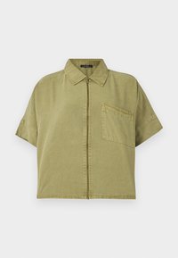 Katoenen khaki overhemd met korte mouwen, een rits aan de voorkant, een puntige kraag en een enkele borstzak. Het shirt heeft een gestructureerde afwerking.
