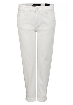 Pantalon en denim blanc avec une coupe droite, doté d'une fermeture à bouton, de cinq poches et de revers pour un design décontracté. Texture douce.