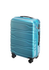 Valigia rigida di un vivace colore turchese. Caratterizzata da una superficie testurizzata, righe verticali, ruote duali e una maniglia superiore per un facile trasporto.