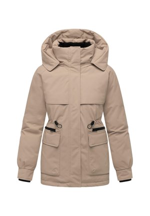 Giacca isolante beige con cappuccio, due tasche con zip, polsini elastici e una patta frontale. Tessuto morbido con un design strutturato.