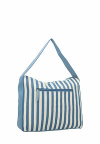 Sac à main rayé avec des accents en cuir bleu. Dispose d'une poche zippée et d'une seule bandoulière. Fabriqué en toile avec des rayures bleu clair et crème.