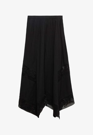 Gonna midi nera asimmetrica con inserti in pizzo e vita elasticizzata, tessuto fluido con una texture leggermente stropicciata.