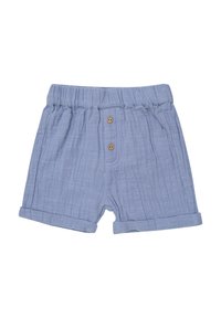 Lichtblauwe shorts van een textuurstof, met een elastische tailleband, twee voorste knopen en omgeslagen mouwen.