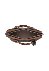 Borsa in pelle con un esterno a motivo scuro. Manici e dettaglio della cerniera marroni. La vista dall'alto aperto rivela un interno liscio, di colore chiaro.