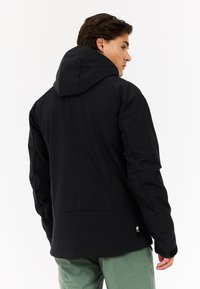 Zwarte hoodie-jack met een gladde textuur, met een rechte snit en zijritsen. Toont een logo op de achterkant van de zoom voor branding.