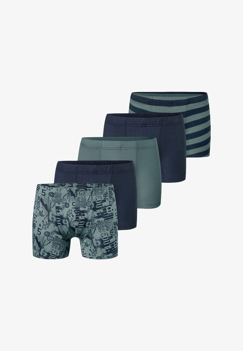 Cinque paia di boxer in diverse tonalità di blu navy, teal e verde. Uno presenta una stampa grafica; gli altri sono a tinta unita o a righe. Materiale in cotone.