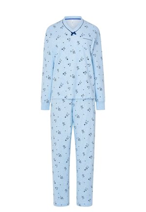Conjunto de pijama azul claro que incluye mangas largas y pantalones. El diseño presenta pequeños patrones florales en azul oscuro, un escote en V y un bolsillo en el pecho.
