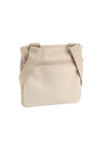 Borsa a tracolla sintetica beige con tasca anteriore con zip, cinturino regolabile e texture liscia. Dimensioni adatte per un uso quotidiano.