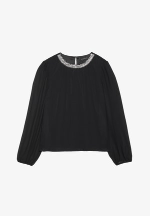 Blusa negra de manga larga con escote redondo y acentos de lentejuelas plateadas. Tejido suave con mangas fruncidas y cierre de ojal en la parte posterior.