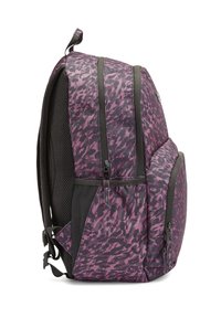 Purple and black backpack with a textured, abstract pattern. Features include two zippered compartments, mesh side pocket, and adjustable straps.