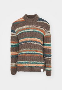 Suéter de punto con una base marrón que presenta franjas horizontales multicolores en azul verdoso, naranja y crema. Cuello y dobladillo acanalados.