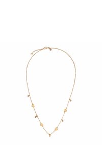 Złocony naszyjnik z delikatnym łańcuszkiem, zdobionym wisiorkami w kształcie serca oraz małymi okrągłymi akcentami, podkreślający minimalistyczny design.