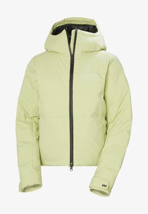 Lichtgroene pufferjack met een zwarte rits, capuchon en elastische manchetten. Heeft een strak ontwerp en een ritszak aan de zijkant.