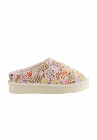 Roze instap pantoffel met bloem- en abstracte patronen, crème kleurige zool en een zachte binnenvoering.