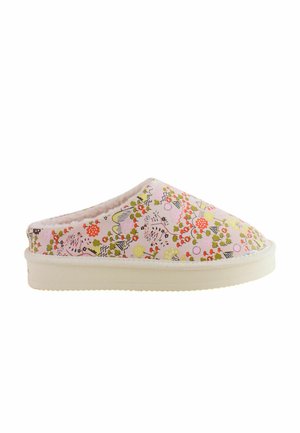 Papuc roz cu model floral și abstract, talpă de culoare crem și căptușeală moale.