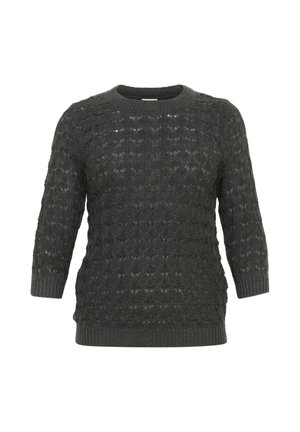 Sötét szürke kötött pulóver kerek nyakkal, háromnegyedes ujjú, és nyitott rácsos mintázattal az egész anyagon. Bordás alj és mandzsetta.