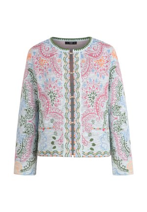 Giacca senza collo a maniche lunghe con cerniera, caratterizzata da motivi floreali e paisley colorati in rosa, verde, blu e arancione su sfondo chiaro.