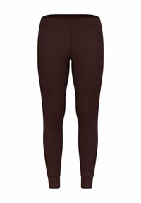 Brown leggings made of stretchy material, featuring a fitted design, full length, and a smooth texture. Includes small logo on the side.