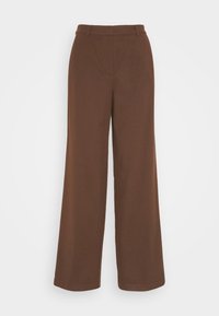 Pantalones de pierna ancha marrones con una textura suave, cintura alta y detalles de costura sutiles. Fabricados con un material suave y ligero.