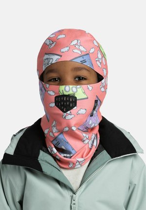 Colorful balaclava featuring a pink base with cartoonish designs of cartons, clouds, and a black mesh mouthpiece. Soft fabric texture.