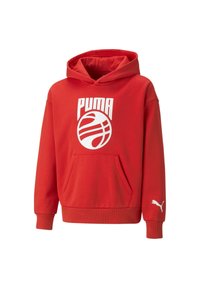 Červená mikina Puma s kapucí, obsahující přední kapsu, bílý potisk loga a žebrované manžety. Vyrobena z měkké látky s kapucí na stahovací šňůrku.