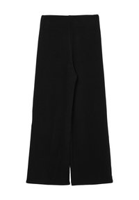 Schwarze weite Hose mit hohem Bund und geradem Schnitt, flach auf einem weißen Hintergrund präsentiert.