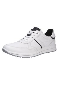 Weiße Sportschuhe mit einem strukturierten Leder-Obermaterial, schwarzen Akzenten, runder Spitze und einer Gummisohle mit hellgrauem Profil.