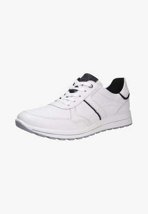 White athletic shoes with a textured leather upper, black accents, round toe, and a rubber sole with light gray tread.