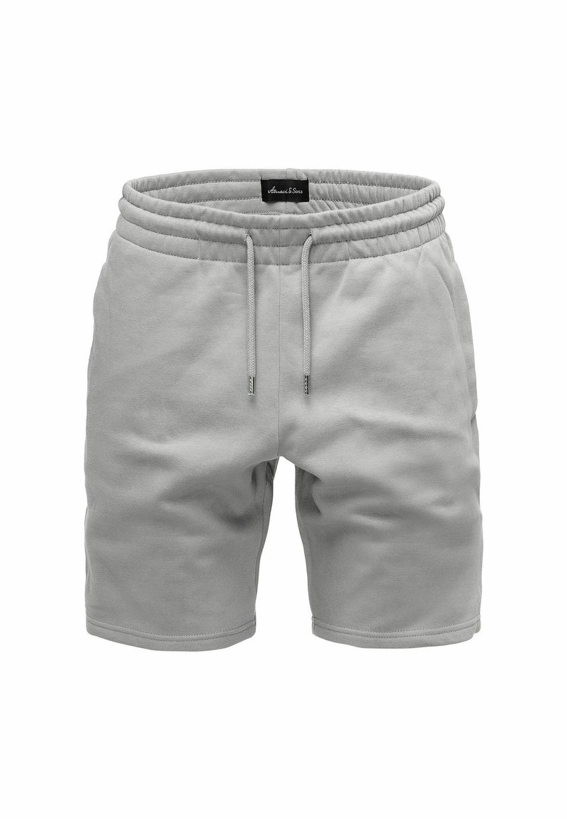 Graue Sweatshorts mit elastischem Bund, Kordelzug und weichem Baumwollmix. Keine Taschen oder sichtbaren Muster.