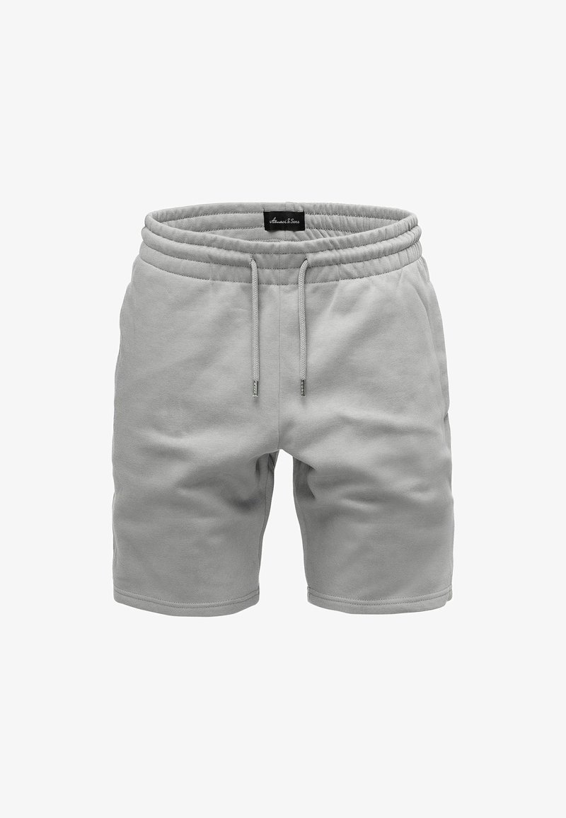 Graue Sweatshorts mit elastischem Bund, Kordelzug und weichem Baumwollmix. Keine Taschen oder sichtbaren Muster.