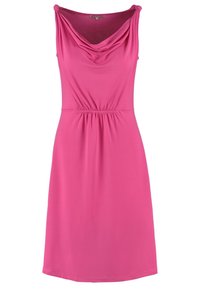 Robe sans manches rose avec un décolleté drapé, taille élastique et texture lisse. Présente une coupe mi-genou et un design simple.