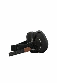 Bolso de saco negro con forma redondeada, cierre con cremallera, correa ajustable y acento de cuero. Presenta detalles reflectantes en el exterior.