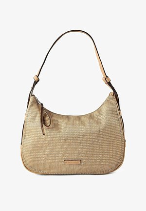 Geweven tan schoudertas met leren riem en ritssluiting, voorzien van een subtiel merklogo op de voorkant.