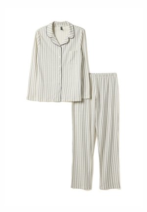 Ensemble de pyjama à rayures pour femmes, comprenant une chemise à manches longues boutonnée et un pantalon à taille élastique, dans des couleurs claires.