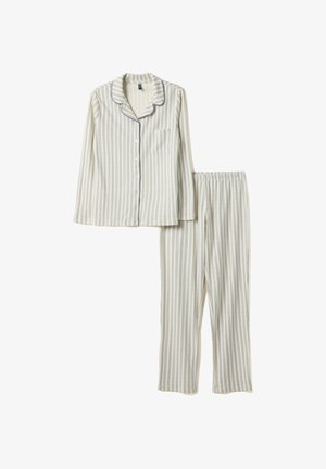 Ensemble de pyjama à rayures pour femmes, comprenant une chemise à manches longues boutonnée et un pantalon à taille élastique, dans des couleurs claires.