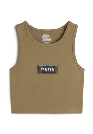 Olive green cropped tank top made of soft fabric, featuring a black rectangular patch with white "Vans" text in the center.