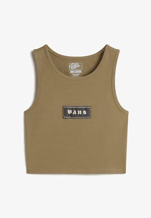 Oliwkowy, skrócony top na ramiączkach z miękkiego materiału, z czarną prostokątną naszywką z białym napisem "Vans" na środku.