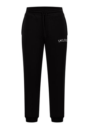 Zwarte joggingsbroek van een katoenmix. Kenmerken zijn een elastische tailleband, trekkoord, zijzakken en geborduurde tekst "SMILODON."