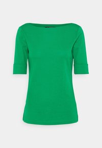 Grön kortärmad topp gjord av slät tyg. Har en bred halsringning och uppvikta ärmslut med rak nederkant.