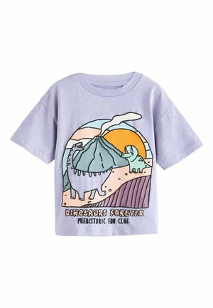 Purple short-sleeve t-shirt with a cartoon dinosaur graphic, featuring bold colors and text "DINOSAURS FOREVER" at the bottom.