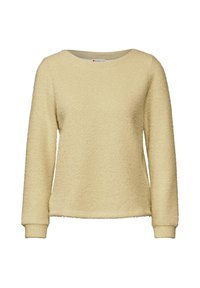 Maglione in pile giallo chiaro, strutturato, con scollatura rotonda e maniche lunghe. L'orlo e i polsini hanno una finitura a coste. Nessun motivo o decorazione.