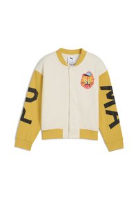 Børns lyse beige sweatshirtjakke med gule ærmer, stor sort tekst og et farverigt løvegrafik på brystet. Blød tekstur.