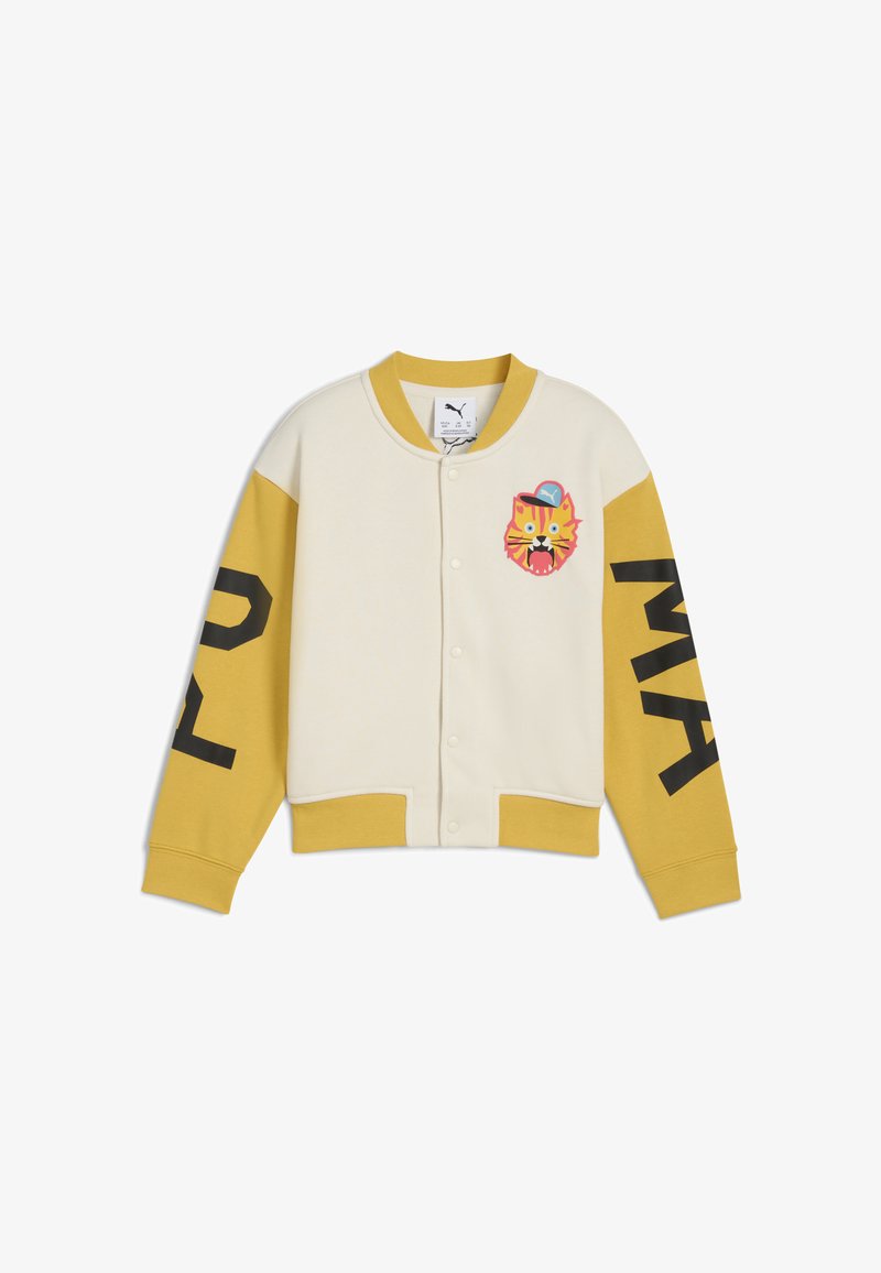 Børns lyse beige sweatshirtjakke med gule ærmer, stor sort tekst og et farverigt løvegrafik på brystet. Blød tekstur.