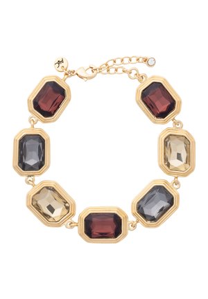 Pulsera de oro con piedras facetadas rectangulares en tonos alternos de burdeos, gris ahumado y ámbar pálido, unidas por engastes de oro con cierre ajustable.