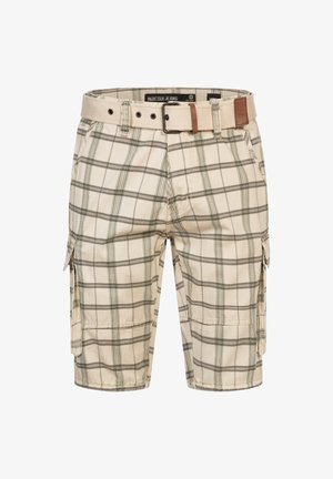 Krémové cargo šortky s černozeleným kostkovaným vzorem, s bočními kapsami a krémovým páskem s hnědým akcentem. Materiál bavlna.