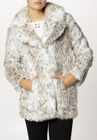 Faux fur coat with a soft, fuzzy texture; cream and gray color pattern; large collar; front pockets; open front design.