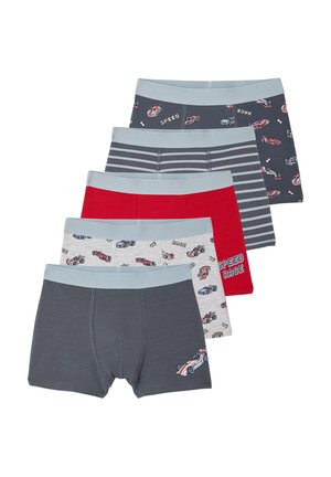 Five boys' boxer briefs in gray, red, and striped patterns with race car and speed-themed prints, each with a light blue elastic waistband.