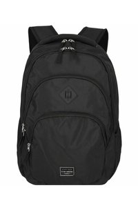 Schwarzer Rucksack aus strapazierfähigem Nylon. Verfügt über zwei Reißverschlussfächer, gepolsterte Träger und Netzseitentaschen für zusätzlichen Stauraum.